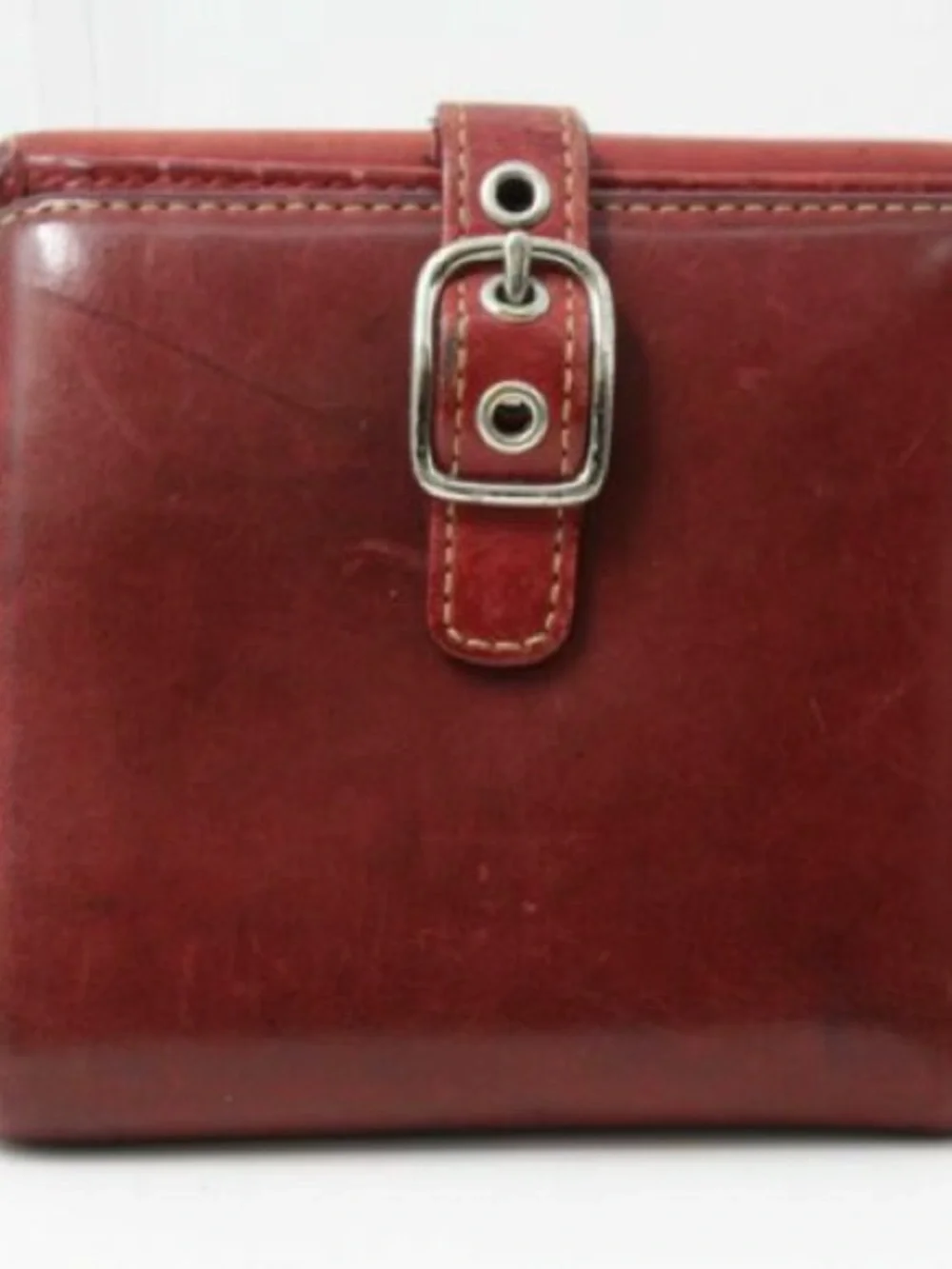 Coach red Leather Buckle Credit Card ID Window Bifold Square Wallet - Vintage